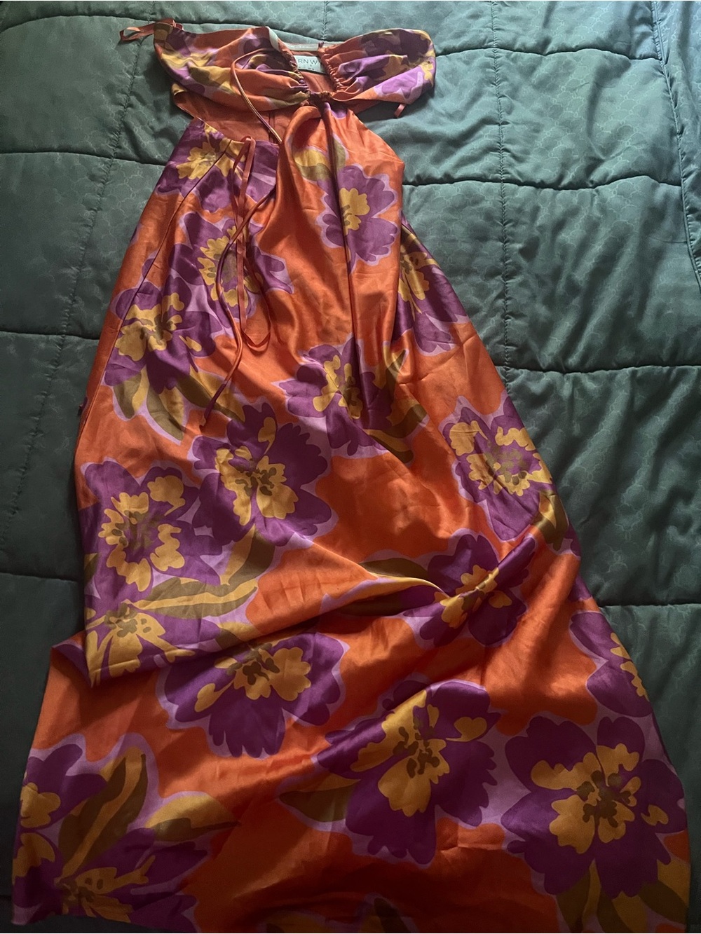 Bright Orange Floral Halter Midi Dress with Keyhole Detail - Picture 2 of 2